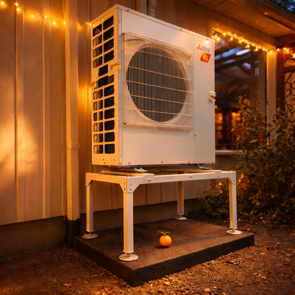 Heat pump install — Eastern Ontario home with string lights