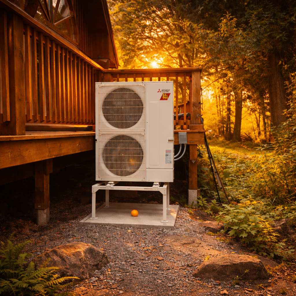 Heat pump install — cabin at golden hour