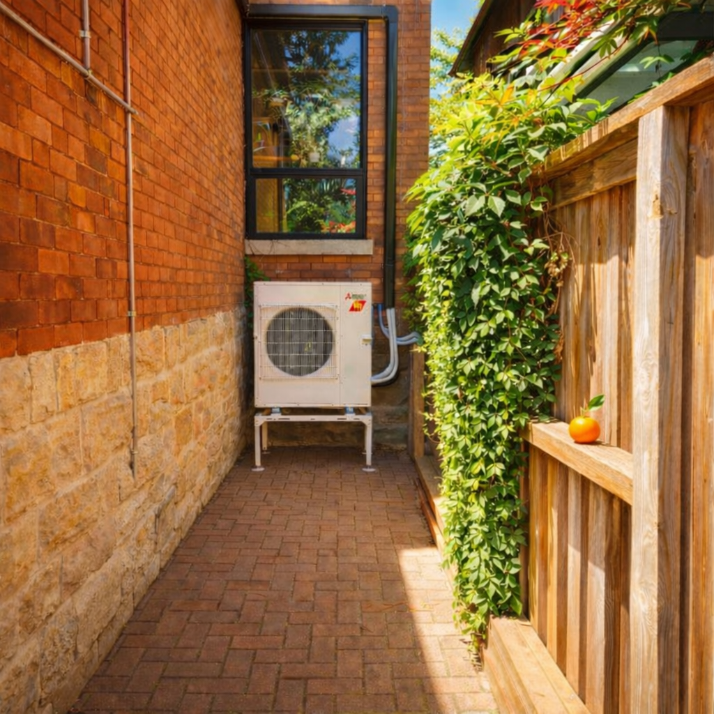 Ductless heat pump — brick courtyard