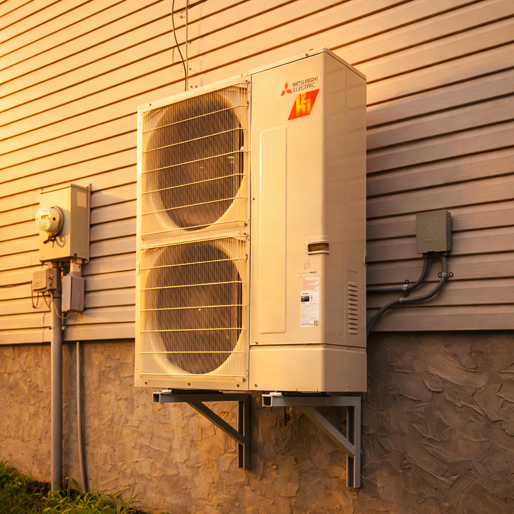 Heat pump install — vinyl siding home at sunset