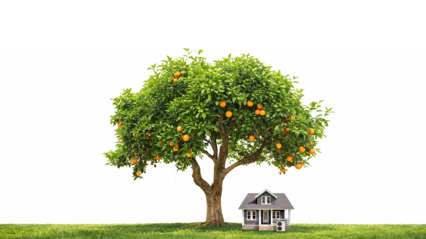 An orange tree sheltering a home with a heat pump